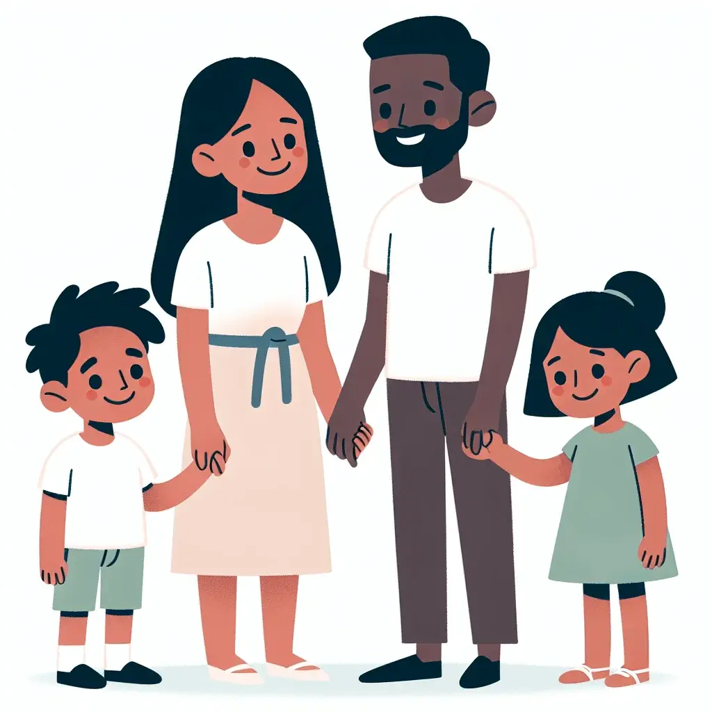 Parents sitting with children while reviewing paperwork